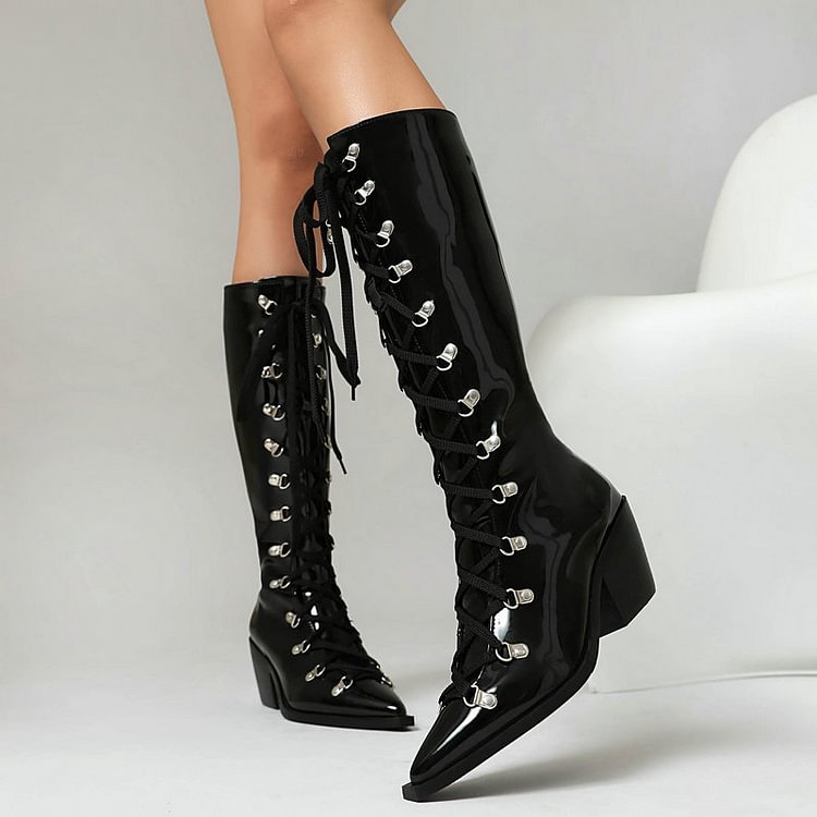 Solid Color Pointed Toe Chunky Heel Lace Up Knee High Boots