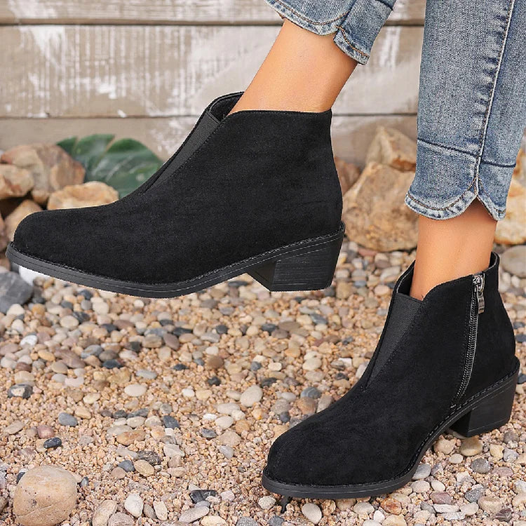 Patchwork Zipper Pointed Toe Chunky Heel Ankle Boots