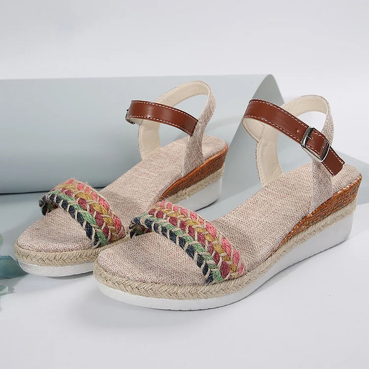 Ethnic Colored Braided Rope Ankle Strap Buckle Wedge Sandals