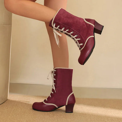 Contrast Trim Patchwork Lace Up Round Toe Chunky Heel Mid Boots