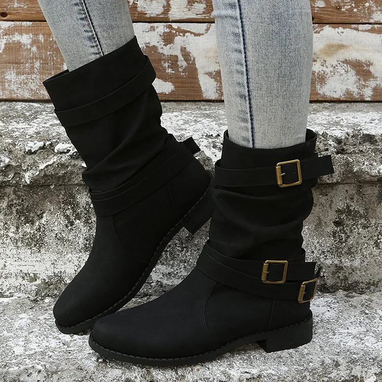 Multi Straps Buckles Patchwork Round Toe Solid Color Mid Boots