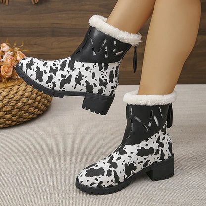 Fuzzy Cow Print Hollow Out Patchwork Round Toe Snow Boots