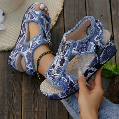 Patchwork Denim Raw Trim Peep Toe Zipper Platform Wedge Sandals