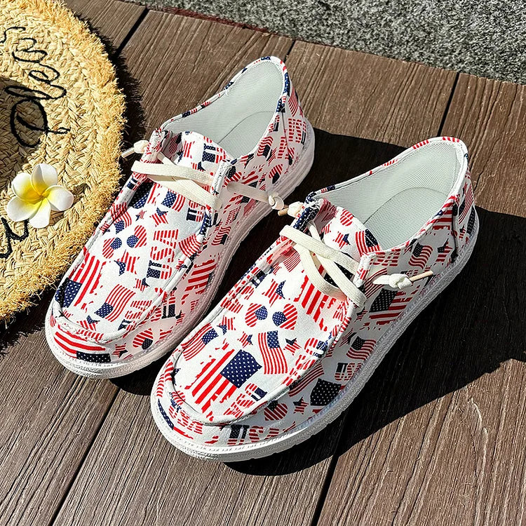 Round Toe Casual Colorblock Star Stripe Flag Print Lace Up Sneakers