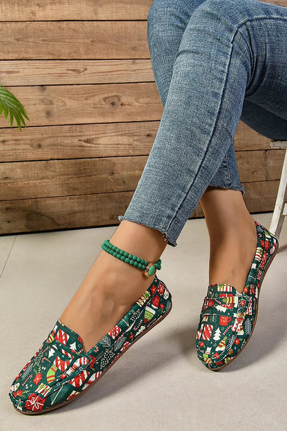 Christmas Print Patchwork Round Toe Casual Loafers