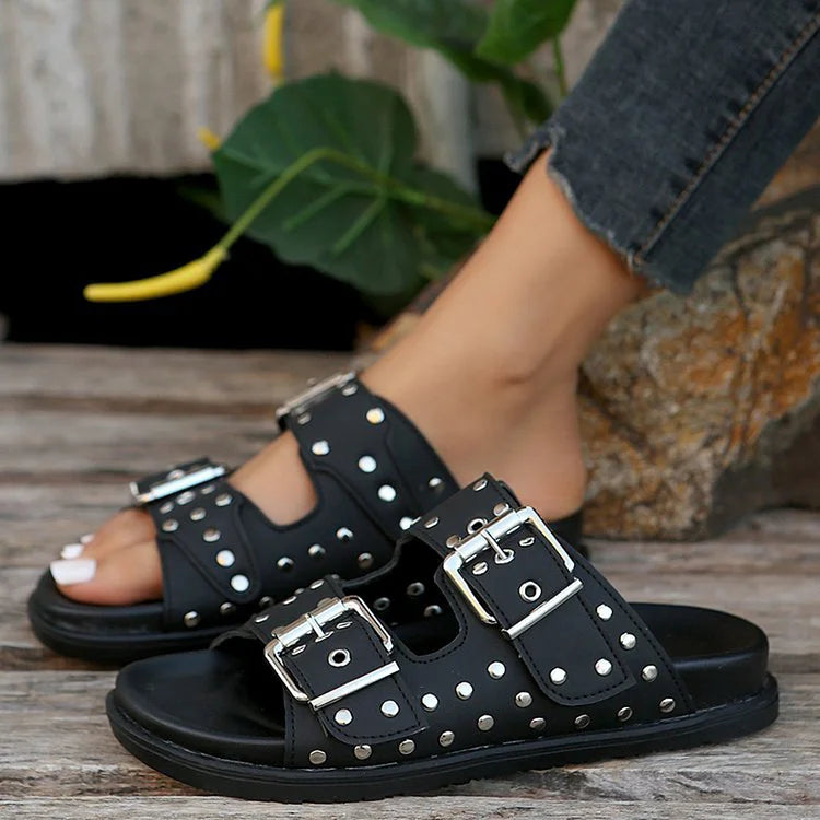 Studded Belt Buckle Round Toe Solid Color Slippers