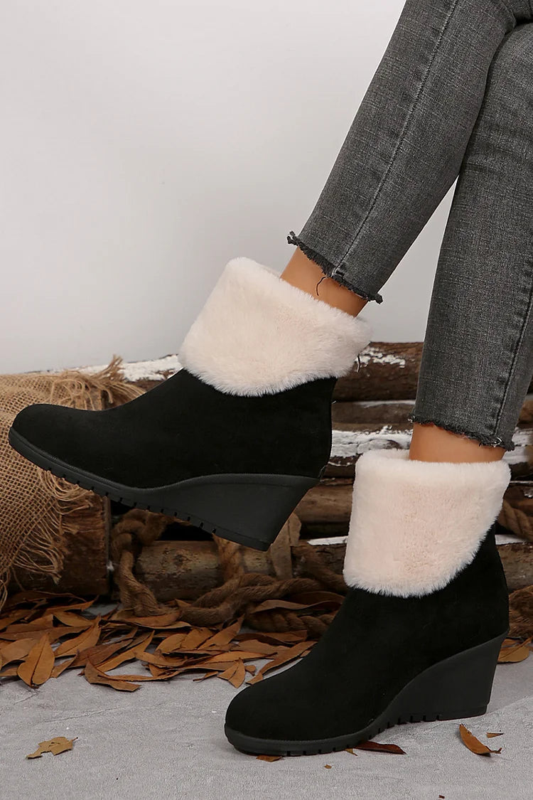 Fluffy Trim Round Toe Zipper Wedge Heel Snow Boots