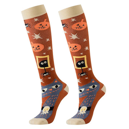 Happy Halloween Skull Pumpkin Ghost Print Color Block Over The Calf Socks