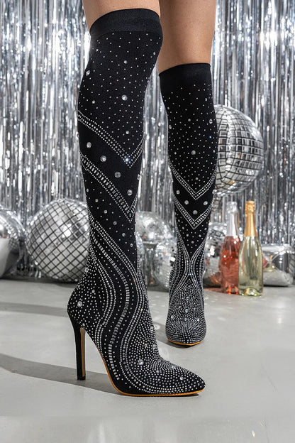 Rhinestone Decor Pointed Toe Stiletto Heel Pull On Over The Knee Boots