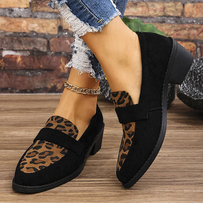 Patchwork Leopard Print Pointed Toe Chunky Heel Loafers