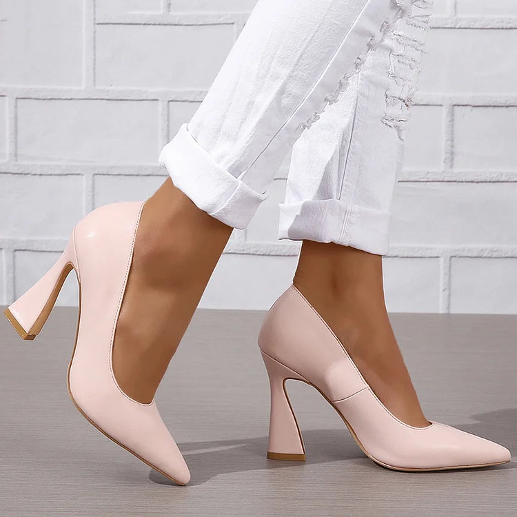 Casual Solid Color Pointy Toe Slip On Chunky Heels