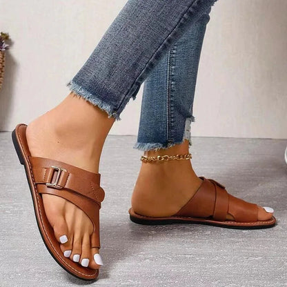 Belt Buckle Patchwork Seam Toe Ring Plain Slippers