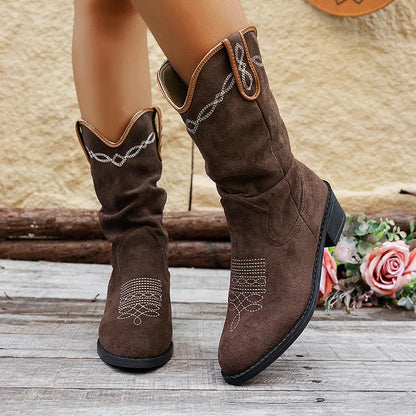 Patchwork Round Toe Embroidery Chunky Heel Mid Calf Boots