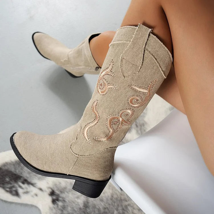 Rhinestone Embroidery Zipper Pointed Toe Chunky Heel Mid Calf Boots