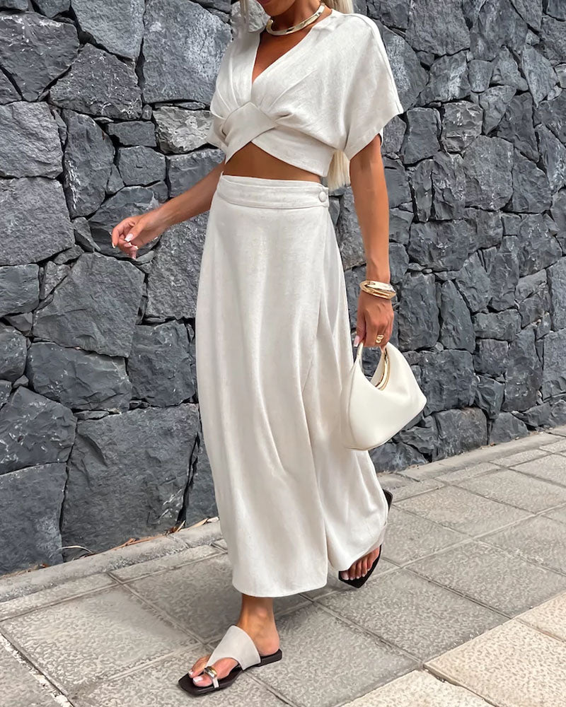 Casual Solid V-Neck Top & Skirt Two-Piece Set