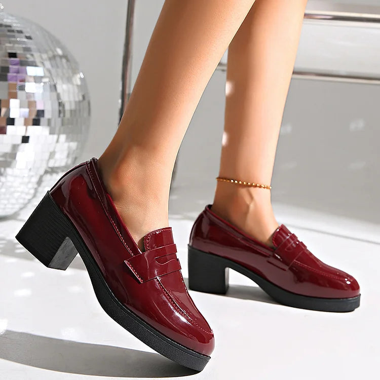 Solid Color Patchwork Round Toe Chunky Heel Casual Loafers