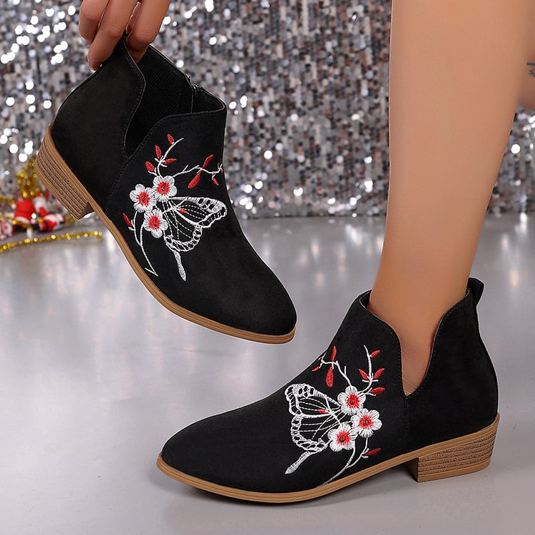 Flower Butterfly Pattern Embroidery Zipper Round Toe Ankle Boots