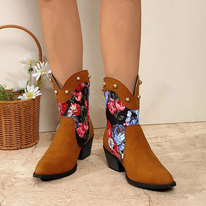 Patchwork Floral Print Metallic Studded Pointed Toe Cowgirl Boots