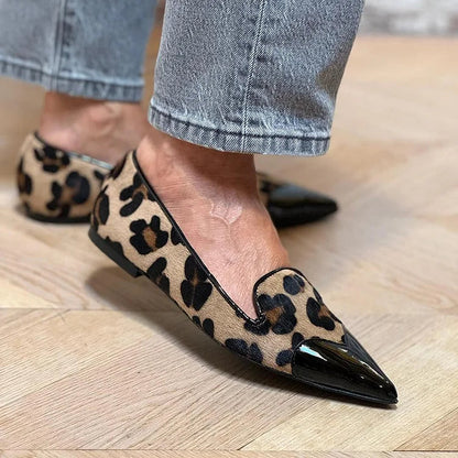 Leopard Print Patchwork Pointed Toe Khaki Flats