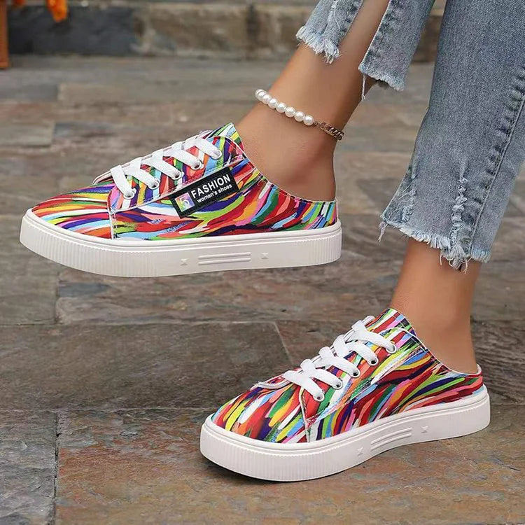 Canvas Multicolor Print Round Toe Slip On Lace Up Sneakers