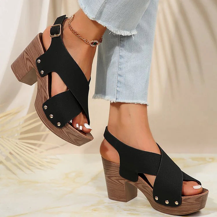 Studded Wood Grain Slingback Strap Buckle Platform Chunky Heels