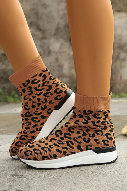 Colorblock Leopard Pattern Round Toe Casual Pull On Ankle Boots