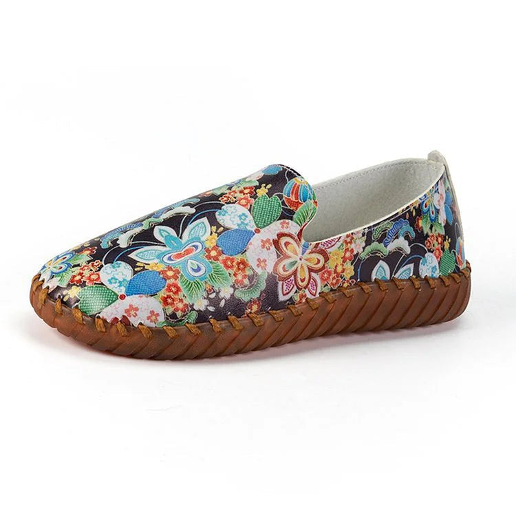 Multicolor Pattern Print Stitch Detail Round Toe Slip On Loafers