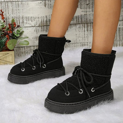 Patchwork Round Toe Lace Up Low Platform Snow Boots