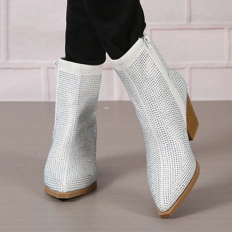 Rhinestone Pointed Toe Zipper Chunky Heel Ankle Boots