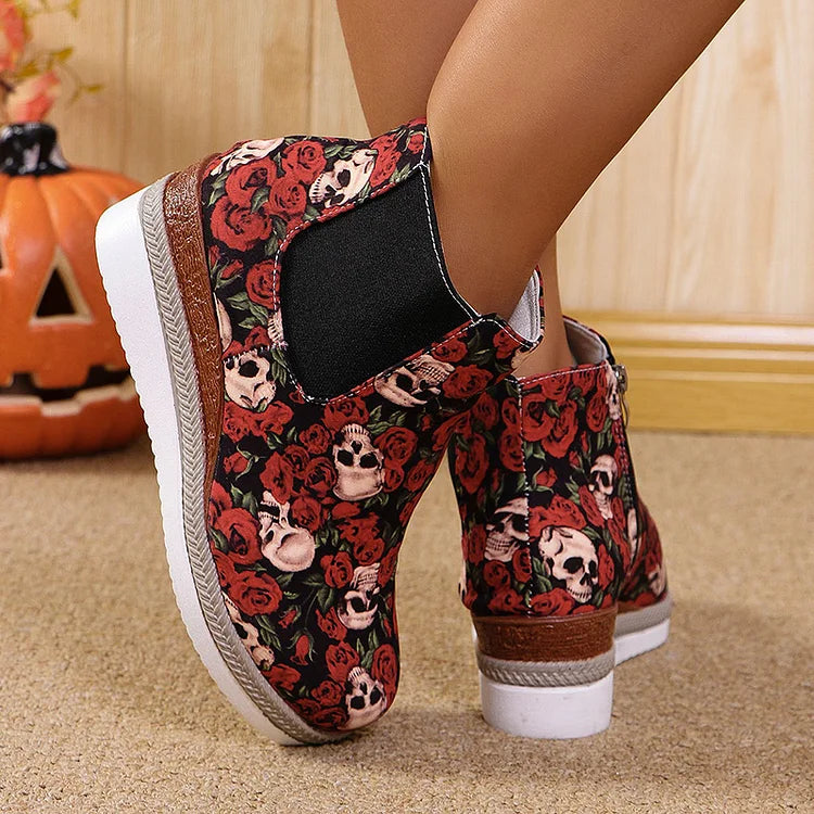 Halloween Roses Skull Print Round Toe Wedge Heel Ankle Boots