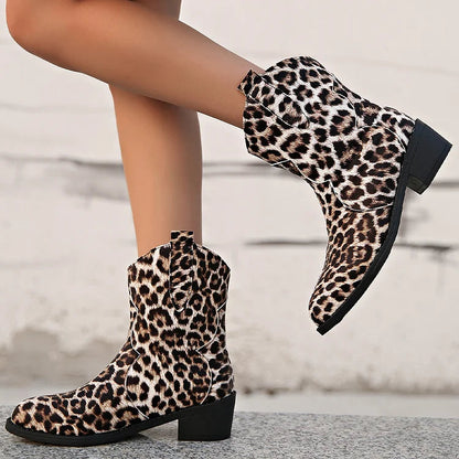 Patchwork Round Toe Leopard Print Chunky Heel Mid Boots