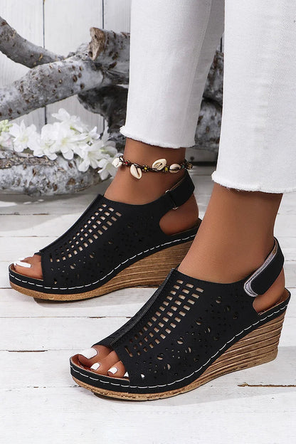 Hollow Out Open Toe Slingback Sandals Wedge Heels