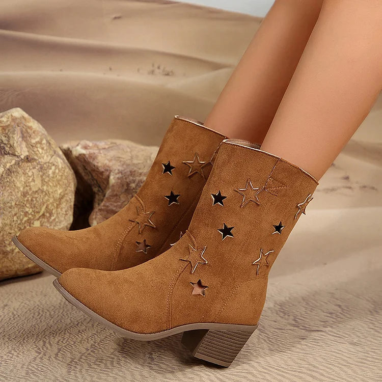 Star Shaped Hollow Out Patchwork Round Toe Chunky Heel Mid Calf Boots