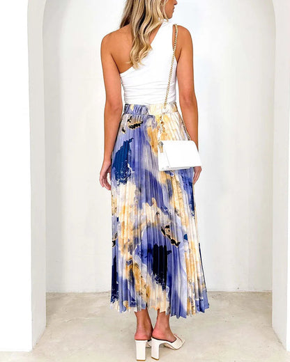 High-end oil painting printed pleated A-line pleated skirt