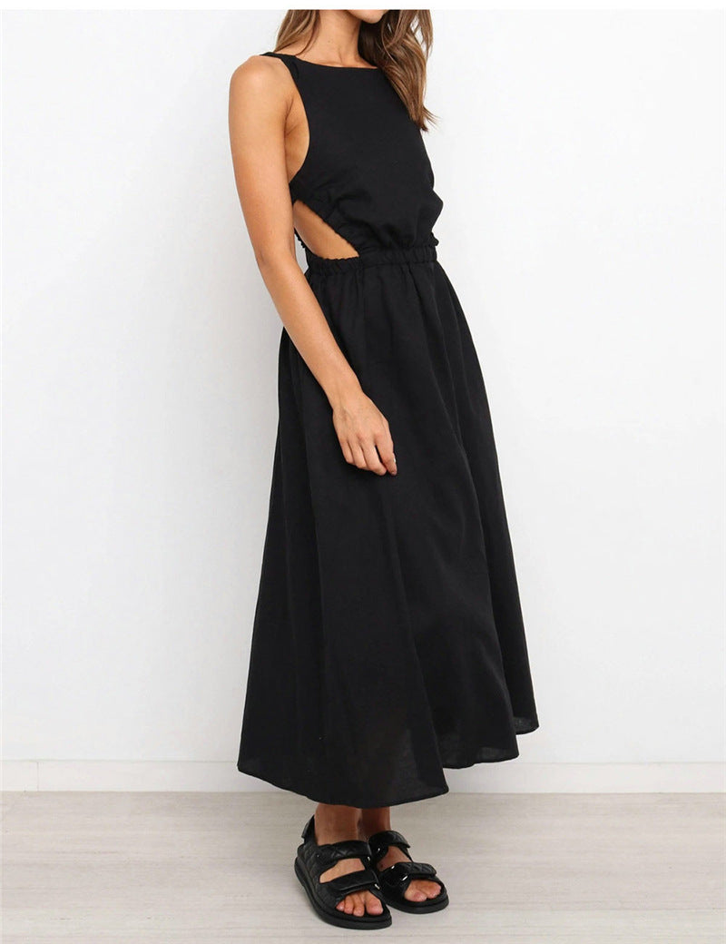 Solid Color Linen Backless Dress