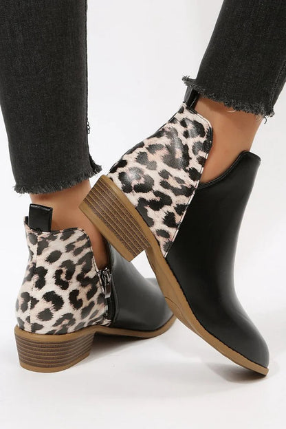 Leopard Print Patchwork Pointed Toe Zipper Ankle Boots