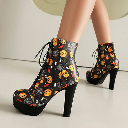 Halloween Scary Pumpkin Print Chunky Heel Lace Up Ankle Boots