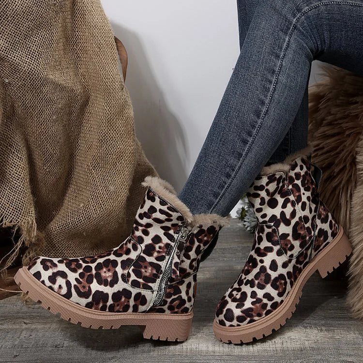 Leopard Print Patchwork Round Toe Faux Fur Lined Zipper Snow Boots