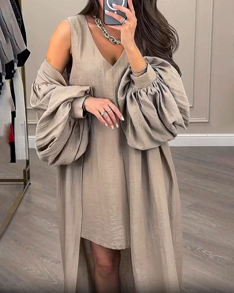 Casual Solid Color Sleeveless Mini Dress & Cardigan Jacket Two-Piece Set