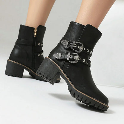 Two Straps Buckles Patchwork Round Toe Chunky Heel Ankle Boots