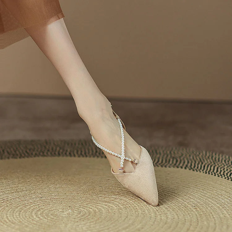 Criss-Cross Pearl Trim Strap Pointy Toe Matte Flats