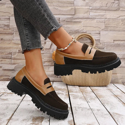 Colorblock Round Toe Patchwork Chunky Heel Casual Loafers