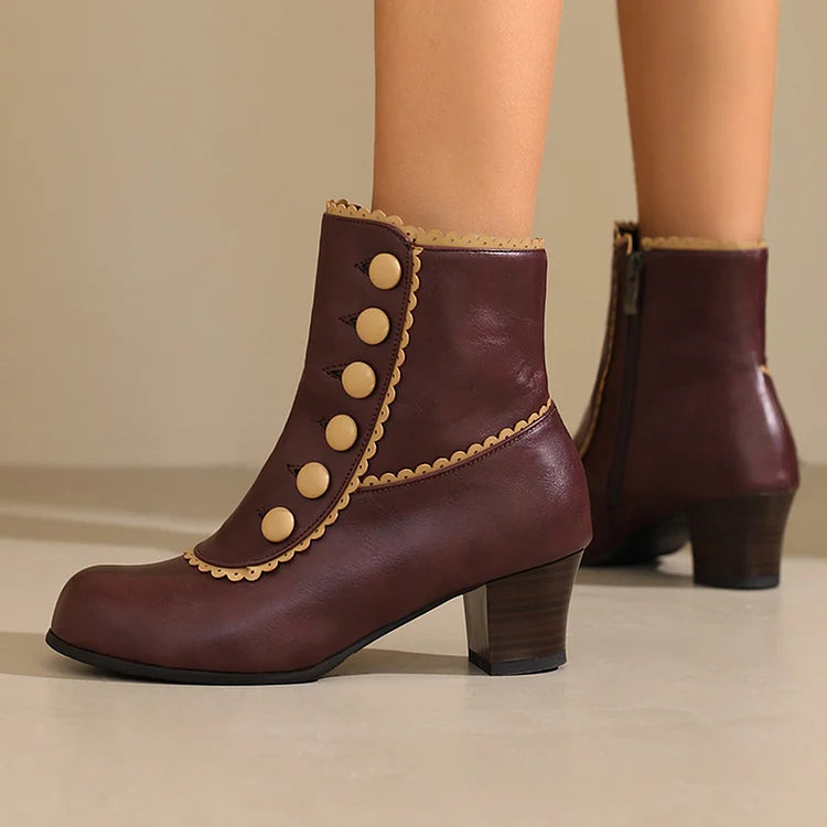 Buttons Colorblock Trim Round Toe Chunky Heel Ankle Boots