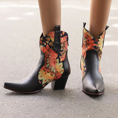 Floral Print Patchwork Chunky Heel Pointed Toe Ankle Boots