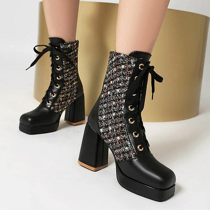 Patchwork Square Toe Chunky Heel Lace Up Mid Calf Boots