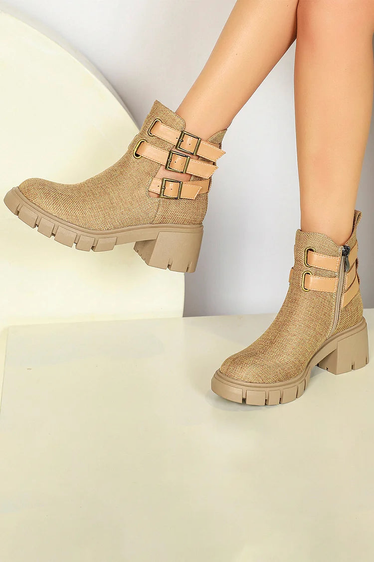 Multi Straps Buckles Zipper Round Toe Chunky Heel Ankle Boots