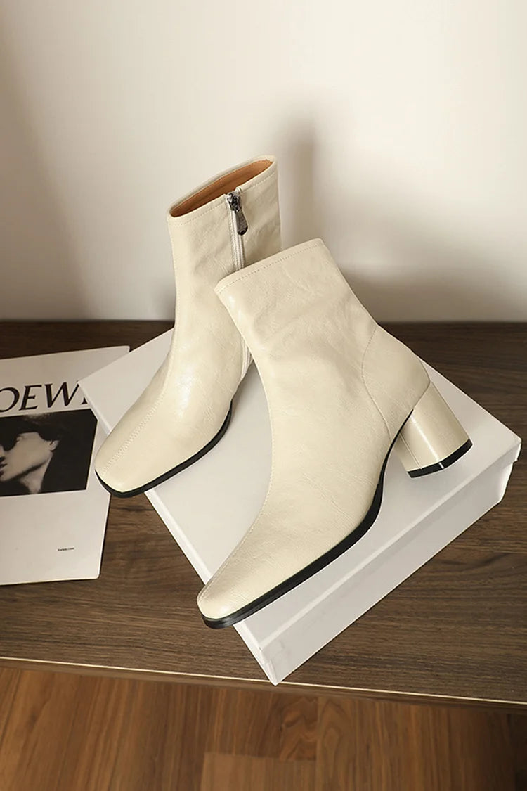 Solid Color Stitch Detail Square Toe Zipper Chunky Heel Ankle Boots