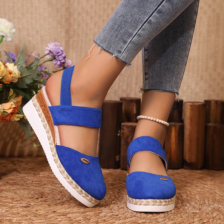 Metal Decor Slingback Strap Closed Toe Plain Espadrille Wedge Sandals