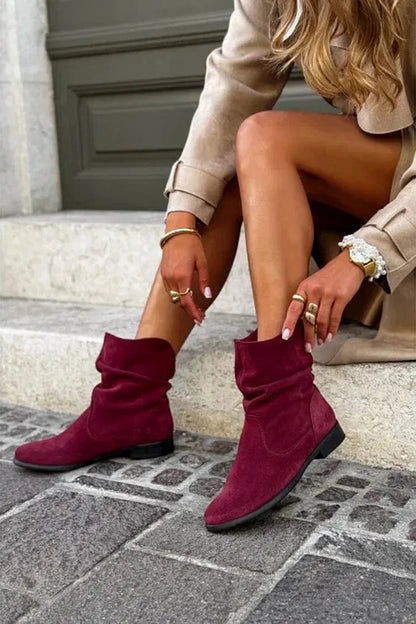 Solid Color Patchwork Round Toe V Cut Slouch Ankle Boots