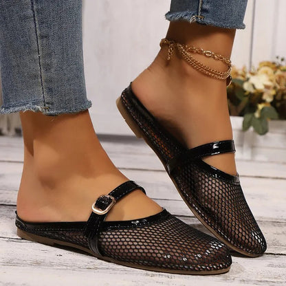 Hollow Out Mesh Instep Strap Plain Casual Round Toe Flats